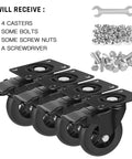 Heavy Duty 4 Inch Locking Swivel Caster Wheels Set Of Four Solid Rubber Furniture Cart Casters Loaded Up Without Breaking A Sweat Roll Like Butter 2200 Lbs Max Payload with bolts and screwdriver.