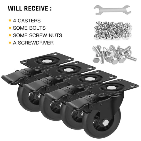 Heavy Duty 4 Inch Locking Swivel Caster Wheels Set Of Four Solid Rubber Furniture Cart Casters Loaded Up Without Breaking A Sweat Roll Like Butter 2200 Lbs Max Payload with bolts and screwdriver.