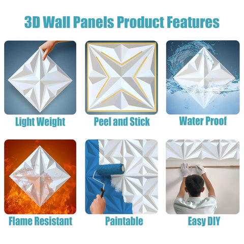 Easy Peel And Stick 3D Wall Panels For Interior Decor, Premium PVC White Tiles With Star And Diamond Pattern, 19.69 By 19.69 Inches, Pack Of 12 Covers About 32 Sq Ft, Modern Accent Wall Makeover