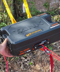 Portable 4500lb 12V DC Electric Winch With Synthetic Rope And Hawse Fairlead, Steel Mounting Plate, Infrared Remote Control, Toolbox Included For ATV UTV Applications, Ready To Pull You Outta Any Jam. portable winch in toolbox with synthetic rope