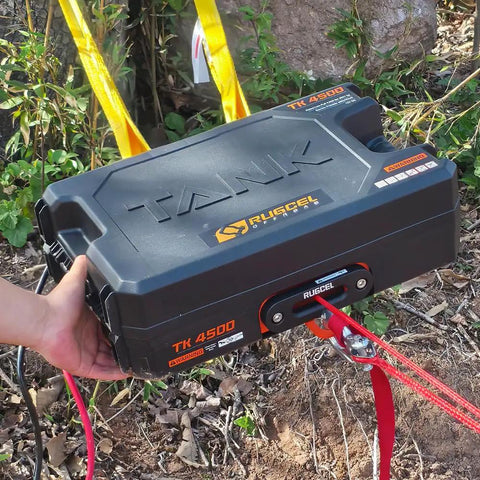 Portable 4500lb 12V DC Electric Winch With Synthetic Rope And Hawse Fairlead, Steel Mounting Plate, Infrared Remote Control, Toolbox Included For ATV UTV Applications, Ready To Pull You Outta Any Jam. portable winch in toolbox with synthetic rope