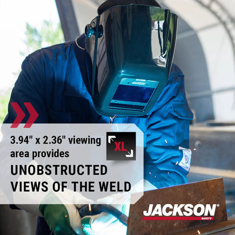 Welder using Featherweight Auto Darkening Welding Helmet With HLX Shell Design, showcasing clear view and comfort, ANSI Z87.1 certified.