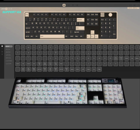 Next Level Full Size Mechanical Keyboard Barebones Kit Decked Out With Smart Screen And Volume Knob Hot Swappable Gasket Mount Tri Mode Wireless Qmk Via Programmable Legit Smooth Rgb Backlit Board Black showing key layout and customizable components.