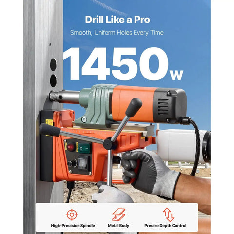 Heavy Duty Magnetic Core Drill Delivering Kickass Copper Motor Power And Rock Solid Grip For Easy Variable Speed Hole Cutting Through Thick Steel Or Pipe Without Any Fuss on metal surface.