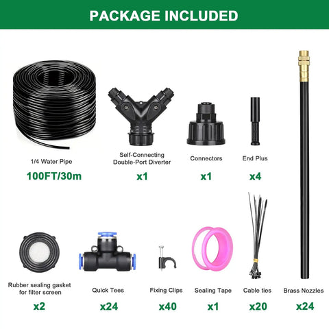 Drip Irrigation System Upgrade Kit With 100 Feet Of One Quarter Inch Tubing And 24 Adjustable Copper Nozzles Package Contents
