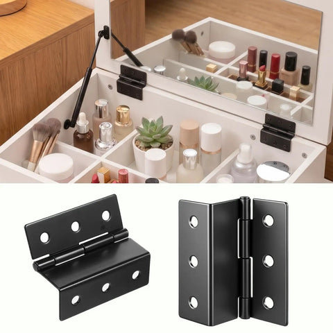 Beefy Heavy Duty 3 Fold Chest Hinges Kit 2 Pack shown on white storage box with black steel hinges and cosmetics displayed