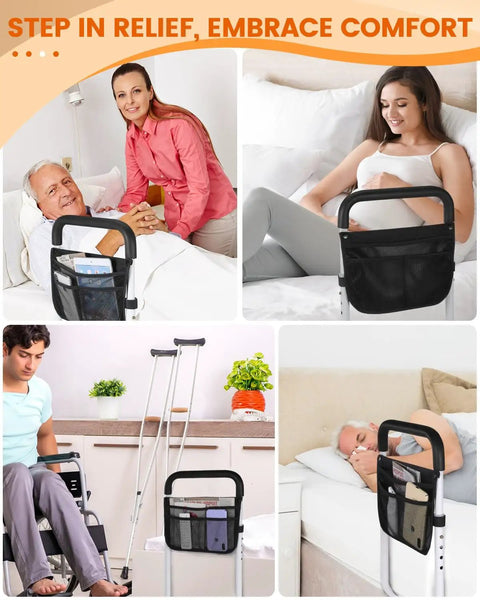 Heavy Duty Bed Assist Rail For Seniors Adjustable Side Rail With Storage Bag and Straps visible in bedroom settings with people