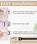 Installation steps for Horizontal Wall Outlet Shelf With Cord Storage Strap, showing wall mounting process with tools.