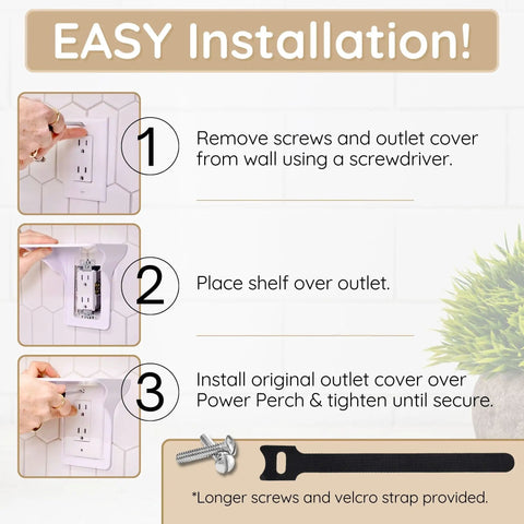 Installation steps for Horizontal Wall Outlet Shelf With Cord Storage Strap, showing wall mounting process with tools.