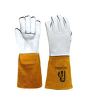 Game Changer 14 Inch Welding Gloves Crafted From Tough Grain Cowhide Leather With Kevlar Stitched Backings And Plush Cotton Liner For Knockout Heat Resistance On Daily Trade Grind showing white leather and yellow suede.
