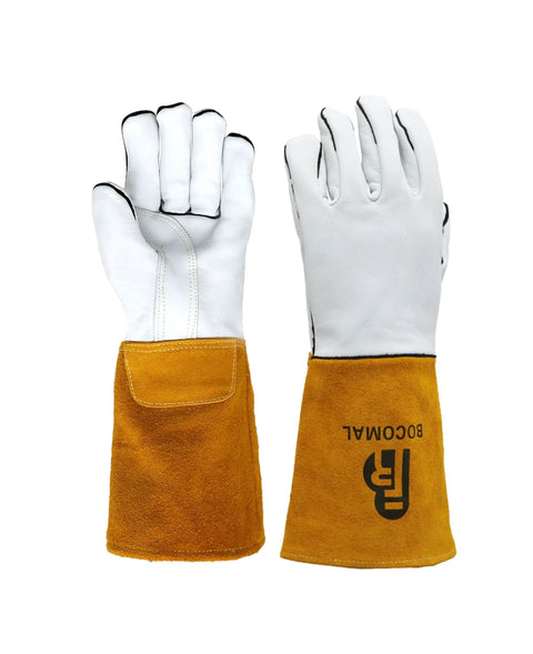 Game Changer 14 Inch Welding Gloves Crafted From Tough Grain Cowhide Leather With Kevlar Stitched Backings And Plush Cotton Liner For Knockout Heat Resistance On Daily Trade Grind showing white leather and yellow suede.