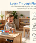 Boy playing with Straight Up Realistic Kitchen Faucet Toy For Kids Pretend Play Sink Accessories at a wooden table.
