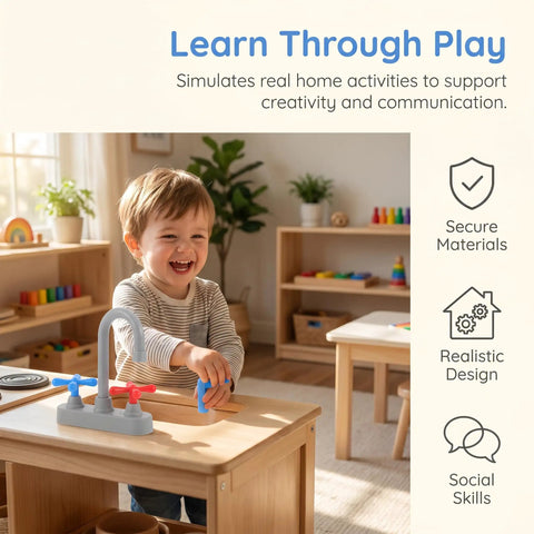 Boy playing with Straight Up Realistic Kitchen Faucet Toy For Kids Pretend Play Sink Accessories at a wooden table.