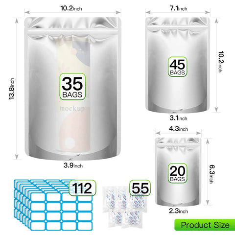 Complete 100 Pack Mylar Bags With 400cc Oxygen Absorbers For Long Term Food Storage showing different sizes and quantities