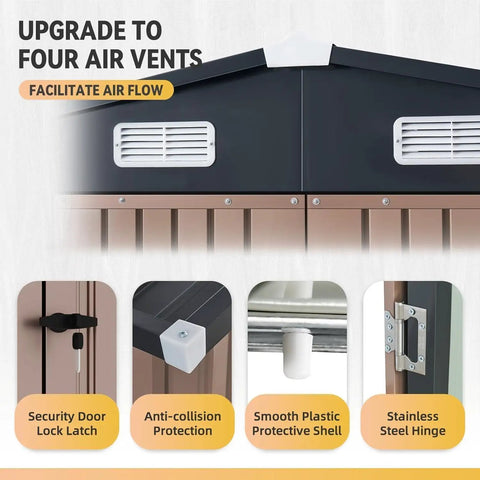Top ventilation and details of 6x8 Foot Outdoor Steel Storage Shed With Lockable Door Waterproof and Rust Proof Construction.