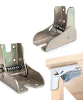 Built Tough 90 Degree Auto Locking Folding Bracket For Tables And Beds Nickel Plated Steel Hinge shown at various angles with wood.