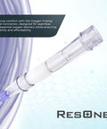 Close-up of ResOne oxygen tubing swivel connector, clear plastic, male/female ends with blue tip