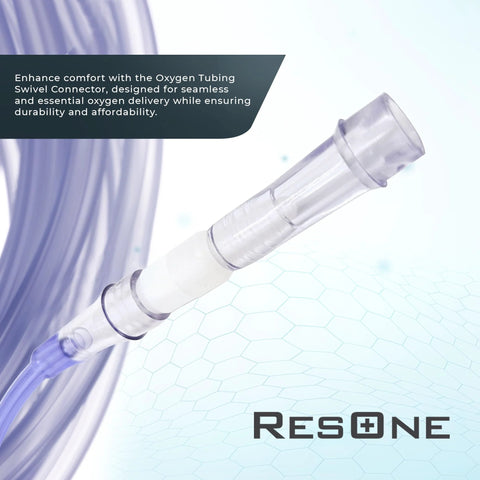 Close-up of ResOne oxygen tubing swivel connector, clear plastic, male/female ends with blue tip