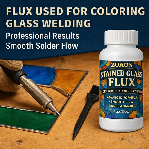 Bottle of 8oz Water Based Liquid Flux For Stained Glass And Electronics Soldering With Brush on desk next to stained glass.