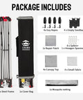 Package contents of 13x13 Pop Up Gazebo Canopy Tent with carry bag, steel frame, ropes, sandbags, stakes, fabric covers, and netting.