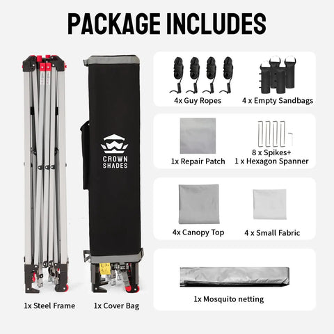Package contents of 13x13 Pop Up Gazebo Canopy Tent with carry bag, steel frame, ropes, sandbags, stakes, fabric covers, and netting.