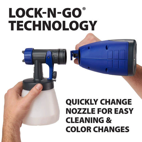Quick Finish HVLP Paint Sprayer for Crafting and Furniture with Lock-n-Go technology for easy nozzle changes and maintenance.