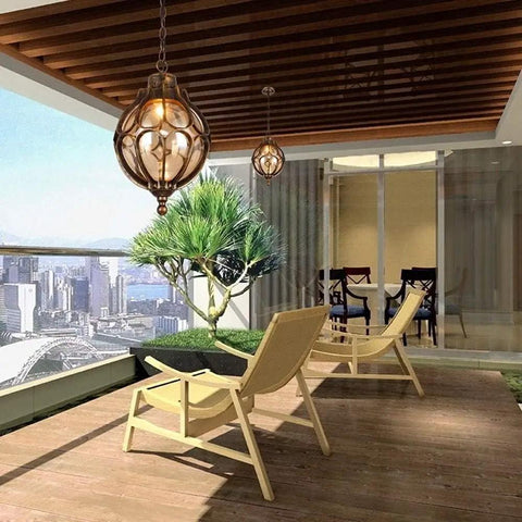 Outdoor Pendant Lights For Porch And Yard Old School Vintage Exterior Hanging Lantern with Spherical Glass Shade in bronze