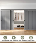 Installed Bypass Pocket Door Hardware Kit For Four Door System In Aluminum Black 12 Ft Bypass Double Sliding Wardrobe