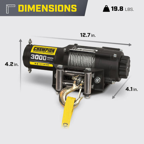 Heavy Duty 3000 Pound ATV UTV Winch Kit With One Point Three Horsepower DC Motor dimensions shown