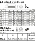 Chart detailing Metric M2.5 Nylon Phillips Pan Head Screws and Nuts in Black PA66 for DIY and home projects.