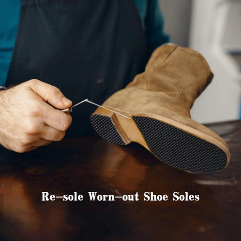 Five Millimeter Thick Shoe Rubber Sheet With Grippy Non Slip Diamond Pattern Replacement Soles For Boots Flexible Diy Shoe Making Material Non Slip Soling Rubber 15 By 11 Inches being installed on a boot.