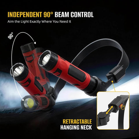 800 Lumen Rechargeable Neck Light With Magnetic Base Detachable Dual Head Hands Free Work Lamp showcasing 90-degree adjustable beam.