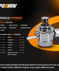 High Pressure Fuel Pump For 2.0L L4 Engines, Plug And Play, shown with reference numbers and compatible Ford models list.