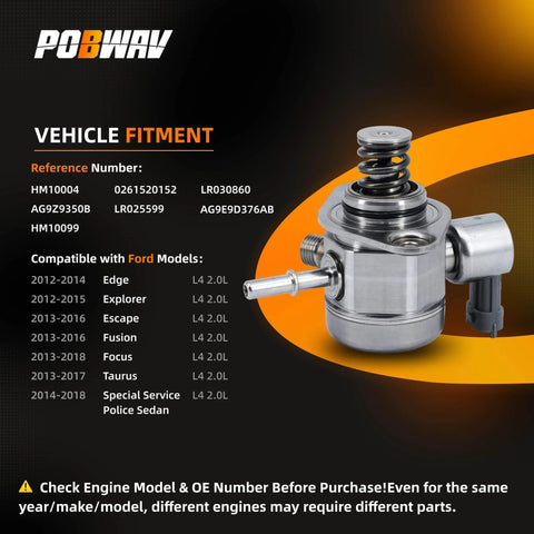 High Pressure Fuel Pump For 2.0L L4 Engines, Plug And Play, shown with reference numbers and compatible Ford models list.