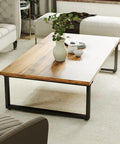 16 Inch Wide Metal Coffee Table Legs Black Industrial Modern Steel Base with wooden tabletop in living room