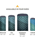 Image of 20 Degree Kids Sleeping Bag For Boys And Girls Cozy Warm Durable Camping Gear With Soft Flannel Lining Spacious Mummy Hood All Weather Comfort Built To Last Kid Friendly shown in four sizes: Junior, Regular, XXL, and Mammoth Double