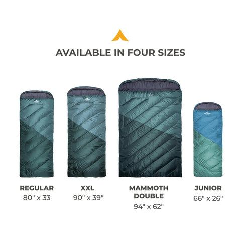 Image of 20 Degree Kids Sleeping Bag For Boys And Girls Cozy Warm Durable Camping Gear With Soft Flannel Lining Spacious Mummy Hood All Weather Comfort Built To Last Kid Friendly shown in four sizes: Junior, Regular, XXL, and Mammoth Double
