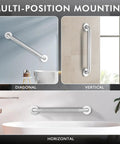12 Inch Shower Grab Bar Heavy Duty 304 Stainless Steel Handrail Anti Slip Wall Mount, shown in diagonal and vertical positions.