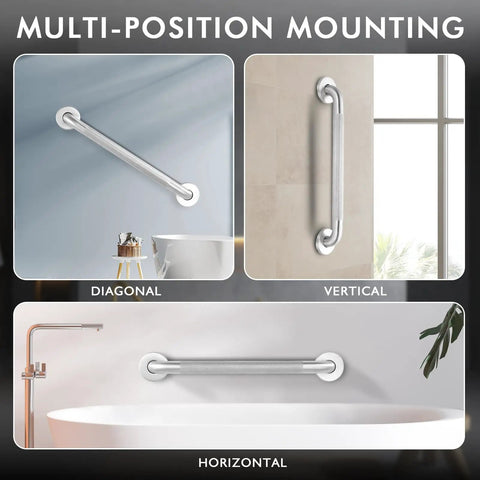 12 Inch Shower Grab Bar Heavy Duty 304 Stainless Steel Handrail Anti Slip Wall Mount, shown in diagonal and vertical positions.