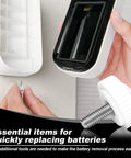 Two Piece Security Quick Thumb Screws Designed For MyQ Smart Garage Door Video Keypad showing a thumb screw and battery compartment.