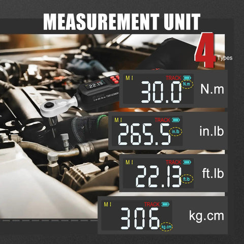 Digital Torque Wrench One Quarter Inch Precision Tool For Bikes And Small Engines Dialed In With Accurate Plus Minus Two Percent Torque From 1.11 To 22.13 Ft-Lb And 1.5 To 30 Nm, Ideal For Bike Builds Motorcycle Parts And DIY Garage Projects. 1/4-inch digital torque wrench showing measurement units