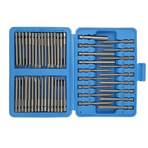Awesome 50 Piece Extra Long Security Bit Set With Magnetic Holder For Tough Drilling Jobs Featuring Multi Sizes Hex Torq Clutch Spline And Flat Square Bits compact blue case
