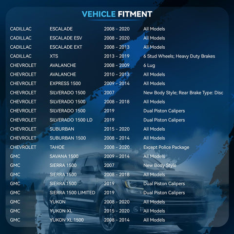 Vehicle fitment guide for Front Brake Kit With Drilled And Slotted Rotors And Ceramic Pads For Chevy GMC Silverado Suburban Express