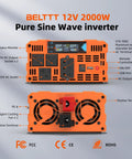 Front and back view of orange 2000W pure sine wave inverter with labeled features for solar RV truck use.