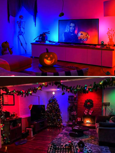 Decorated living room with TV using 5W RGBW LED Indoor Uplights With Remote Color Changing Spotlight Kit For Home Decor Parties Christmas And Plants 120V 16 Colors 4 Dynamic Modes 270 Degrees Adjustable Dimmable 1 Pack With Base And Stake
