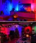 Living room with Indoor LED Spot Lights 5W RGBW Uplighting With Remote, creating colorful ambiance for holidays and parties.