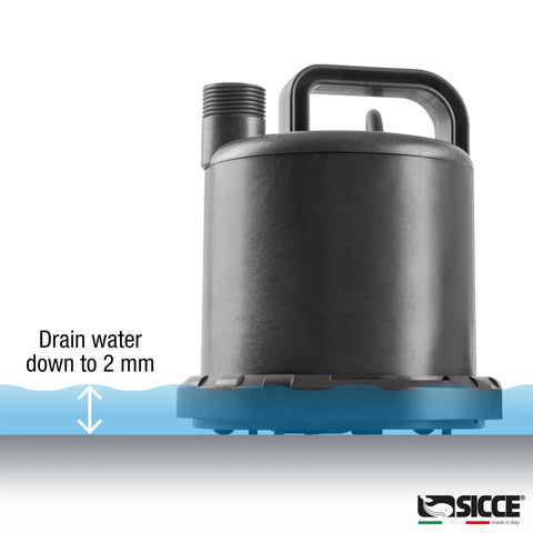 Ultra Zero 793 GPH Multi Purpose Water Pump With Garden Hose Connection And Portable Handle; side view, drainage illustration.