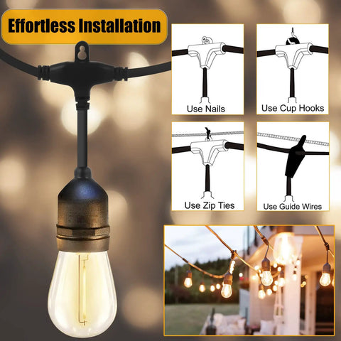 24 Feet Led Outdoor String Lights Black, 2200K Warm Cafe Glow, Dimmable, Shatterproof S14 Bulbs, Smart Hanging Design