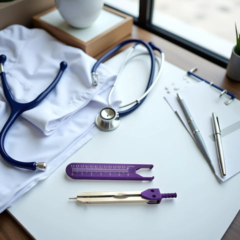 Single Purple ECG Calipers Measuring Tool For Nurses And Docs on a medical desk beside a stethoscope and pens