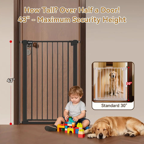 Extra Wide Adjustable Dog Gate For Doorways Built Tough Metal Pet Barrier features 43" height for maximum security near child.